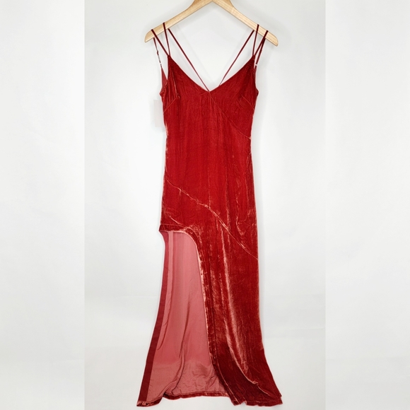 NWT For Love & Lemons Nadine Velvet Maxi Dress Rust Small High Slit - Picture 3 of 11